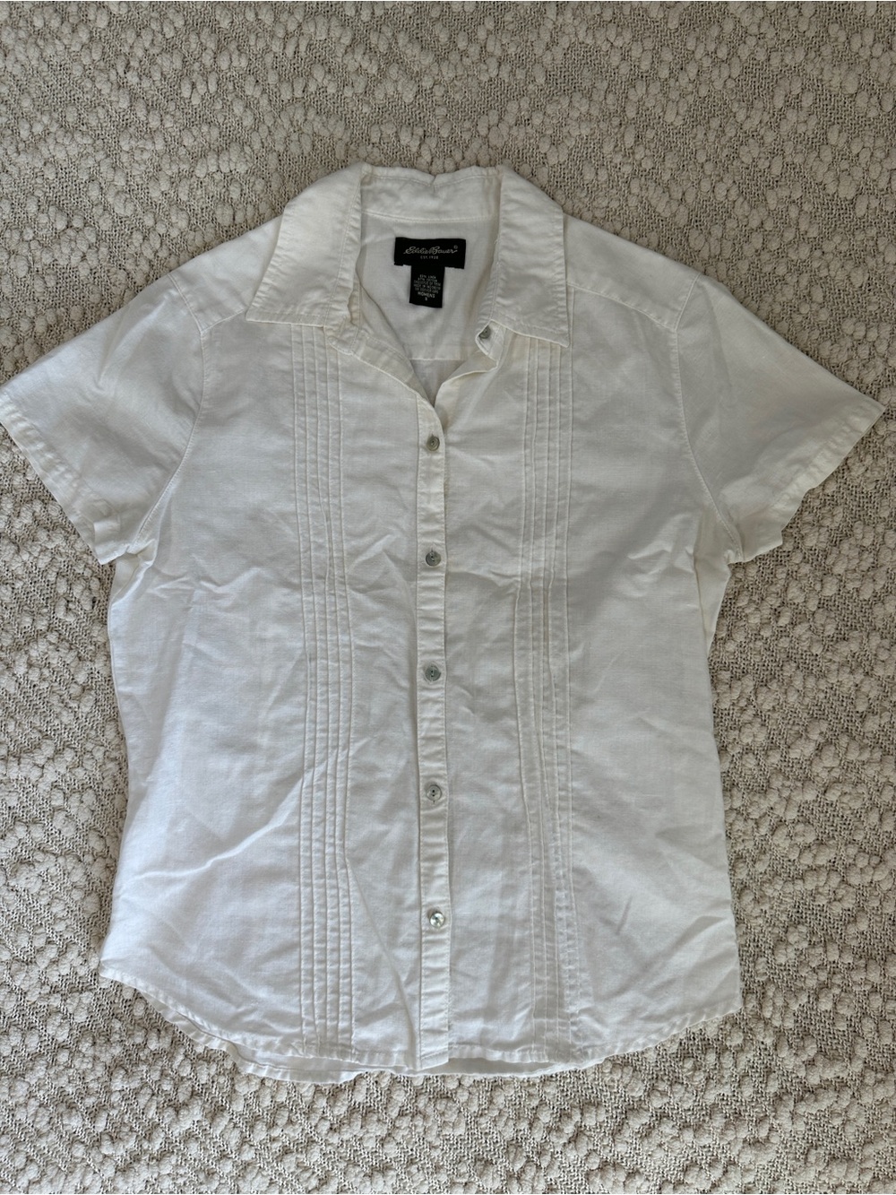 Eddie Bauer Womens White Linen Blend Pintuck Short Sleeve Button Up Shirt Small